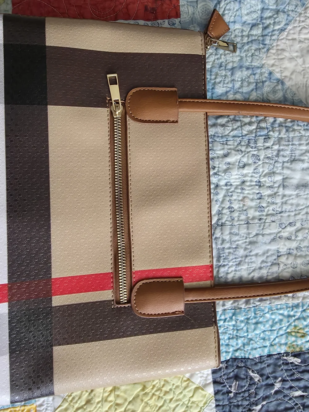 Beige Plaid Tote with Red Stripe and Brown Handles